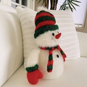 Tall Snowman Glossy Knitted Plush Figurine 13.5"x9.5" White Red Green Xmas VG